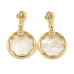 Real 18K Gold Plated Brass Pave Shell Pendants, with Clear Cubic Zirconia, Flat Round with Flower Charm, Real 18K Gold Plated, 16.5x15x3mm, Hole: 4x2mm