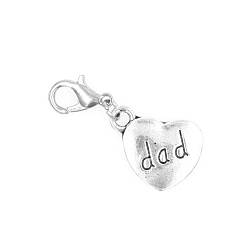 Antique Silver Alloy Pendants, with Lobster Claw Clasps, Heart with Word Dad, Antique Silver, 35mm
