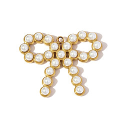 Настоящее золото 18K 304 подвески из нержавеющей стали, бантом прелести, ионное покрытие (ip), с имитацией жемчуга, реальный 18 k позолоченный, 31x25 мм