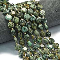 Африканский Бирюза(яшма) Бусы натуральная африканская бирюза (яшма), граненый шестиугольный разрез, плоско-круглые, с бисером, 10~10.5x6 мм, отверстие : 1 мм, около 31~32 шт / нитка, 15.35''~15.55'' (39~39.5 см)