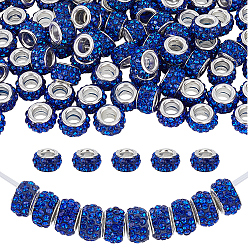 Sapphire Handmade Polymer Clay Rhinestone European Large Hole Beads with Silver Color Plated Brass Cores, Rondelle, Sapphire, 11~12x7~7.5mm, Hole: 5mm, 80pcs/set