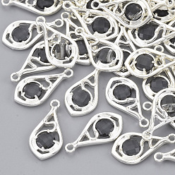 Black Faceted Glass Pendants, with Eco-Friendly Alloy Open Back Settings, Nickel Free, Teardrop, Silver Color Plated, Black, 21x11x3.5mm, Hole: 1.6mm