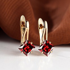 Темно-Красный Серьги-кольца с ромбами из латуни и микропаве из кубического циркония, золотые, темно-красный, 17x13 мм