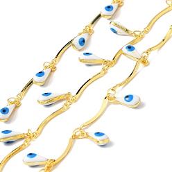 Cyan Handmade Brass Bar Link Chains, with Enamel Teardrop with Evil Eye, Long-Lasting Plated, Soldered, with Spool, Golden, Cyan, Link: 15x2x1mm