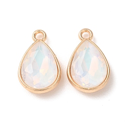 Floral White Alloy Glass Pendants, Teardrop Charms, Golden, Faceted, Floral White, 19.5x12.5x5.5mm, Hole: 2mm