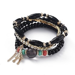 Black Alloy Rhinestone Cup Chain & Multi-layered Stretch Bracelets Sets, Stackable Bracelets, with Acrylic Beads, Golden Plated Alloy Findings, Eiffel Tower, Black, Inner Diameter: 2-1/8~2-3/8 inch(5.5~5.9cm), 4pcs/set