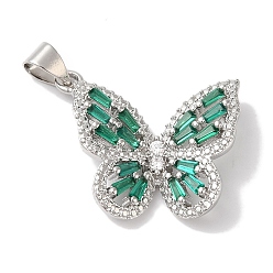 Зеленый Подвески из латуни и кубического циркония, без кадмия и без свинца, долговечный, бабочка, зелёные, 20x22x3 мм, отверстие : 5x4 мм
