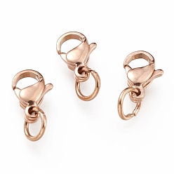 Rose Gold Ion Plating(IP) 304 Stainless Steel Lobster Claw Clasps, With Jump Ring, Rose Gold, 9x5.5x3.5mm, Hole: 3mm, Jump Ring: 5x0.6mm