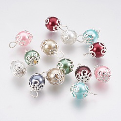 Silver Glass beads Pendants, with Iron Finding, Round, Mixed Color, Silver Color Plated, 16.5~17x10mm, Hole: 2x3mm, 300pc/bag
