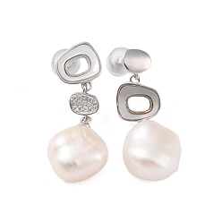 Platinum 925 Sterling Silver Studs Earring, with Natural Pearl, Rhombus, Platinum, 28~29x11mm