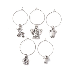 Antique Silver & Platinum Alloy Wine Glass Charms, with Brass Hoop Earring Findings, Mixed Shapes, Antique Silver & Platinum, 44~52.5mm, Inner Diameter: 25mm
