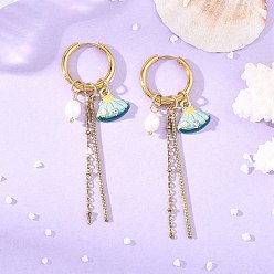 Golden Alloy Rhinestone Hoop Earrings, Shell Shape, with Enamel, Natural Freshwater Pearl & 201 Stainless Steel Snake Chain Dangle Earrings, Golden, 76x21mm