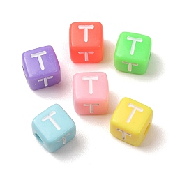 Couleur Mélangete Perles européennes opaques acrylique, Perles avec un grand trou   , cube avec la lettre T, couleur mixte, 10x9x9~9.5mm, Trou: 4mm, environ580 pcs / 500 g