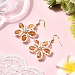 (932FM) Темно-синий аква-матовый с подкладкой Болтаться серьги стекло цветок, с латунными крючками для сережек и ракушечным жемчугом, золотые, темно-золотистые, 54~55x34~34.5 мм