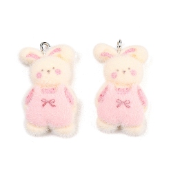 Pink Флокированные подвески из непрозрачной смолы, очарование кролика, с железной платиной петлей, розовые, 28.5x17x7.5 мм, отверстие : 2 мм