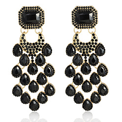 Черный Серьги-люстры из сплава со стразами в форме капли и прямоугольника, золотые, чёрные, 83x33 мм