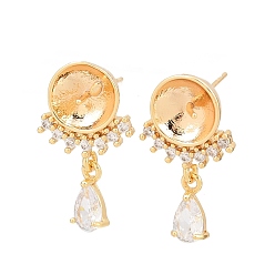 Настоящее золото 18K Фурнитура для сережек-гвоздиков в форме капли с микропаве из прозрачных кубических цирконий из латуни, за половину пробурено бисера, с 925 штырями стерлингового серебра, реальный 18 k позолоченный, лоток : 8 мм, 21x12 мм, контактный: 0.8 мм и 11x0.8 мм