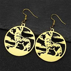 Золотой 304 из нержавеющей стали болтаться серьги, плоский круглый с волчьим узором, золотые, 57x35 мм