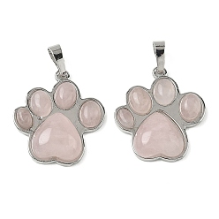 Розовый Кварц Природного розового кварца подвески, латунные подвески в виде отпечатков лап, платина, стойки покрытие, 28x24.5~25x5.5~6 мм, отверстие : 8~8.5x4.5~5 мм