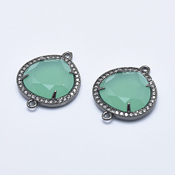 Pale Turquoise Brass Micro Pave Cubic Zirconia Links, with Glass, Faceted, teardrop, Gunmetal, Pale Turquoise, 28x23x5mm, Hole: 1.6mm