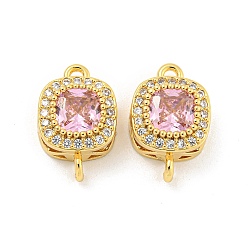 Pink Шармы-соединители из латуни с паве из кубического циркония, реальный 18 k позолоченный, квадратные ссылки, розовые, 10x15x6 мм, отверстие : 1.5 мм