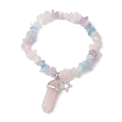 Звезда Эластичные браслеты из натуральной смешанной крошки драгоценных камней, с прелестями сплава тибетский стиль, звезда, внутренний диаметр: 2-1/8 дюйм (5.5 см)