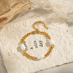 Настоящее золото 18K Браслеты из натурального пресноводного жемчуга, 304 кубинская цепочка из нержавеющей стали для женщин, реальный 18 k позолоченный, 6-3/4 дюйм (17 см)