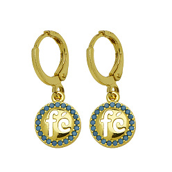 Flat Round Brass Micro Pave Cubic Zirconia Leverback Dangle Earrings, Golden, Flat Round with Word FE, 30mm