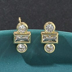 Настоящее золото 18K Серьги-гвоздики с квадратом и круглыми плоскими латунными кристаллами с микропаве из прозрачного кубического циркония, стойки покрытие, долговечный, без кадмия и без свинца, реальный 18 k позолоченный, 11.5x6 мм