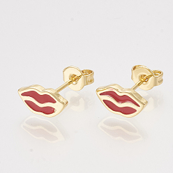 Red Brass Stud Earrings, with Enamel and Ear Nuts, Lip, Golden, Red, 5x10mm, Pin: 0.7mm