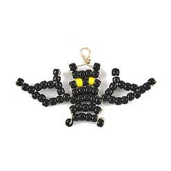 Bat Halloween TOHO Glass Seed Beaded Pendants, with Copper Wires, Black, Bat Charm, 21x35x2mm, Hole: 2mm