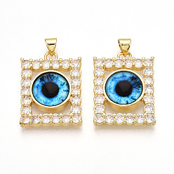 Светло-Голубой Латунные подвески с микропаве из прозрачных кубических цирконий для женщин, Прямоугольник с глаз, cmолой, реальный 18 k позолоченный, Небесно-голубой, 26~27x20x7~8 мм, отверстие : 3.5~4x5 мм