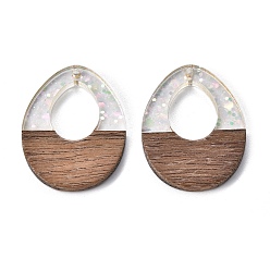 лаванда Подвески из эпоксидной смолы и орехового дерева, с пайеткой / блестками, слеза, лаванда, 37x28x3 мм, отверстие : 2 мм