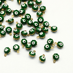 Зеленый Золотой тон латуни, эмали прелести, цветок с глазом, зелёные, 9x7x5 мм, отверстие : 1 мм