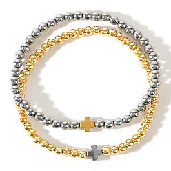 Золотой 2 Набор эластичных браслетов с крестами из латуни и синтетических немагнитных гематитовых бусин для женщин, золотые, 6.50 дюйм (16.5 см) ~ 6.89 дюйм (17.5 см)