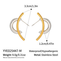 Chapado en Oro Real & Color de Acero Inoxidable 304 aretes de acero inoxidable para mujer, forma de doble c, Chapado en oro real y color acero inoxidable., 33x12 mm