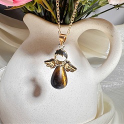 Тигровый глаз Кулон в виде ангела из натурального европейского тигрового глаза с крыльями из сплава для женщин., платина, 19.69 дюйм (50 см)