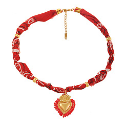 Сердце Женские ожерелья с подвесками из латунных и стеклянных бусин, напечатанные на ткани, шнуры, золотые, святое сердце, 15.75 дюйм (40 см), Кулон : 38x30 мм
