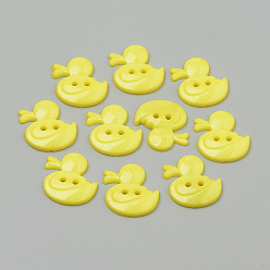 Желтый 2-отверстие кнопки акриловые, утка, желтые, 21x19x3 мм, отверстие : 2 мм
