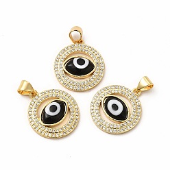 Black Rack Plating Real 18K Gold Plated Brass Micro Pave Clear Cubic Zirconia Pendants, with Handmade Lampwork, Cadmium Free & Lead Free, Long-Lasting, Flat Round with Evil Eye, Black, 20x17.5x3.5mm, Hole: 5.5x4mm