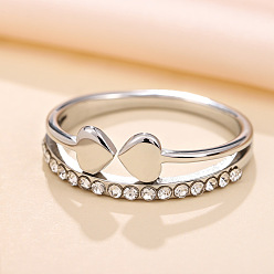 Heart 201 Stainless Steel Rhinestone Finger Rings, Stainless Steel Color, Heart, US Size 7(17.3mm)