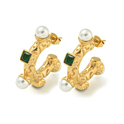 Золотой Ионное покрытие (ip) 304 серьги-гвоздики из нержавеющей стали в форме буквы С, с имитацией жемчуга из АБС и стеклом, украшения для женщин, золотые, 28.5x6 мм