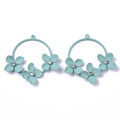 Cadet Blue Spray Painted Eco-Friendly Iron Pendants, with Crystal Rhinestone, Flat Round with Flower, Cadmium Free & Nickel Free & Lead Free, Cadet Blue, 40~41x39~40x5~6mm, Hole: 1.2mm