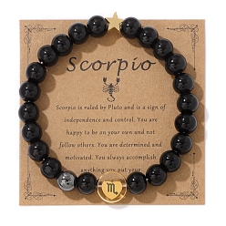 Скорпион Двенадцать созвездий, натуральный черный камень, круглые эластичные браслеты из бисера для женщин и мужчин, Скорпион, внутренний диаметр: 2-3/8 дюйм (6 см)