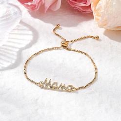 Золотой День матери регулируемые 304 браслеты из нержавеющей стали слайдер, Браслеты из латуни с микро-паве из прозрачного кубического циркония для женщин, золотые, 9-1/2 дюйм (24 см)