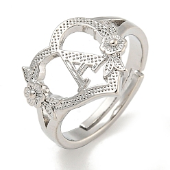 Letter A Регулируемые кольца из латуни для женщин в форме сердца с буквами и цветами, без свинца и без кадмия, платина, буква a, размер США 6 (16.5 мм)