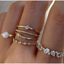 Золотой Кольца-манжеты из сплава смешанного стиля со стразами, ракушками и искусственным жемчугом, золотые, 14~18 мм