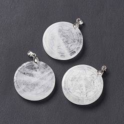 Хрусталь Природного кварца хрустальных подвесок, подвески из горного хрусталя, плоские круглые подвески с рисунком на тему чакры, с стеллаж металлизированный платины тон выводов латуни, без кадмия и без свинца, 30x4~8 мм, отверстие : 4x4 мм