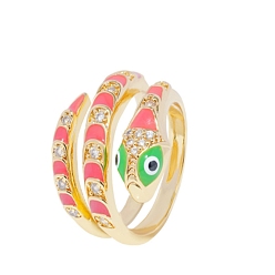 Бледно-Розовый Кольца из латуни с микропаве, прозрачные кольца с кубическим цирконием, змея, с эмалью, реальный 18 k позолоченный, розовый жемчуг, 14 мм, внутренний диаметр: 18 мм