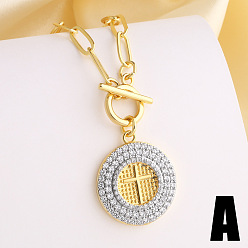 Cross Duo Tone Religion Brass Micro Pave Clear Cubic Zirconia Flat Round Pendant Necklaces, Golden & Stainless Steel Color, Cross, 19.69 inch(50cm)